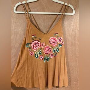 Star Scene orange tank top, floral embroidery, medium
